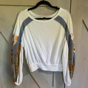 Free People Balloon Sleeve Waffle Knit Floral Long Sleeve Top